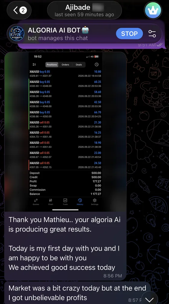 Telegram conversation with Ajibade O.: “Thank you Mathieu.. your algoria Ai is producing great results.

Today is my first day with you and I am happy to be with you
We achieved good success today

Market was a bit crazy today but at the end I got unbelievable profits”