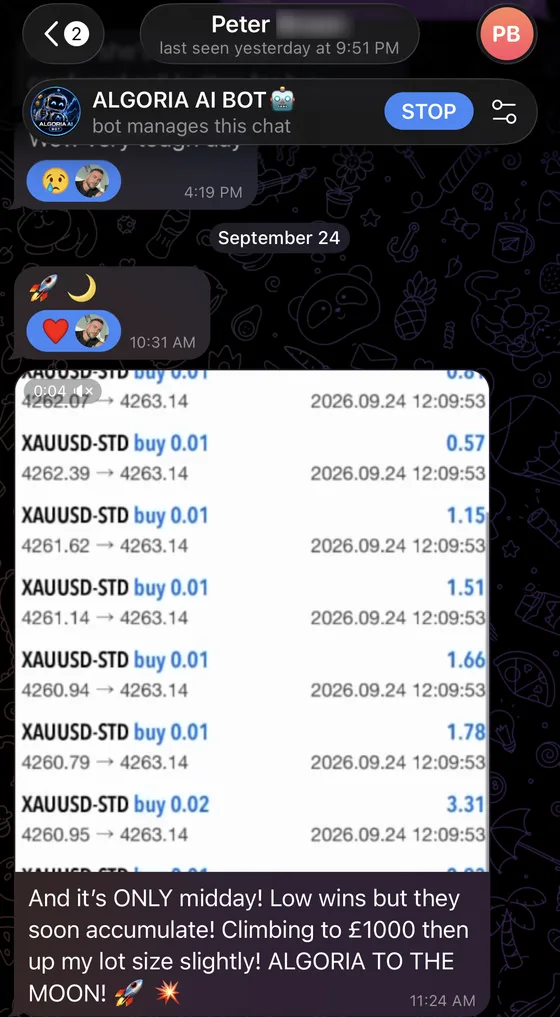 Telegram conversation with Peter B.: “And it’s ONLY midday! Low wins but they soon accumulate! Climbing to £1000 then up my lot size slightly! ALGORIA TO THE MOON! 🚀💥”